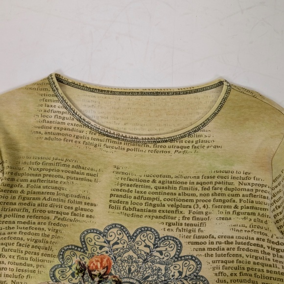 Y2K 3/4 Sleeve Beaded Top Graphic Letters Print Western Beading Flowers Floral - Picture 6 of 7